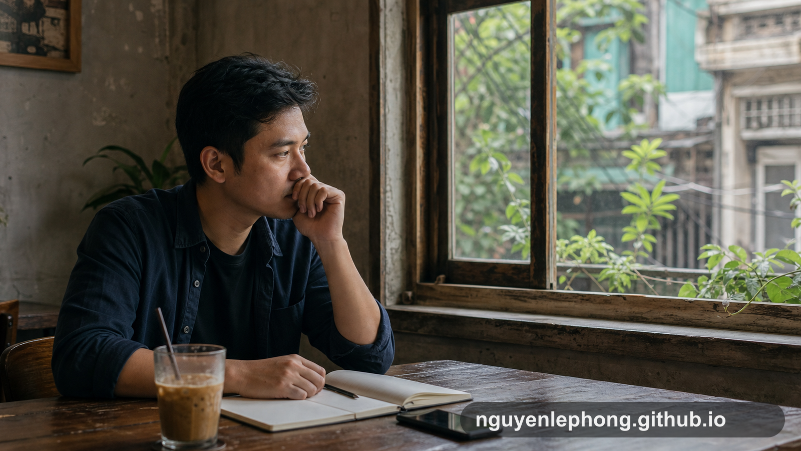 Một kỹ sư người Việt ngồi một mình trong quán cà phê sáng thứ Bảy, ôm theo nỗi băn khoăn từ một tin nhắn công việc mập mờ.