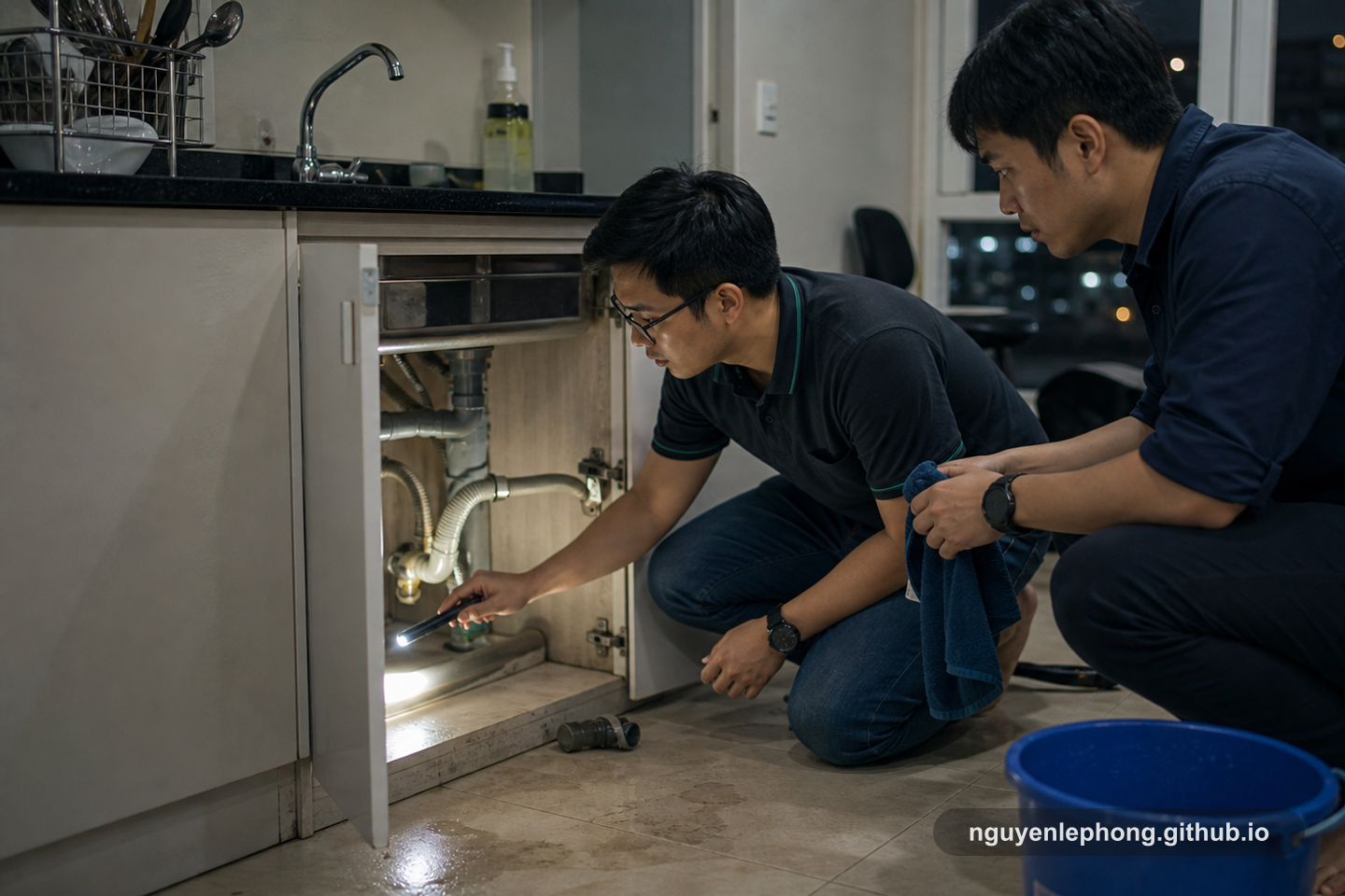 Hai đồng nghiệp Việt Nam soi một ống nước bị rò bằng đèn pin, bên cạnh là chiếc xô chờ hứng nước.