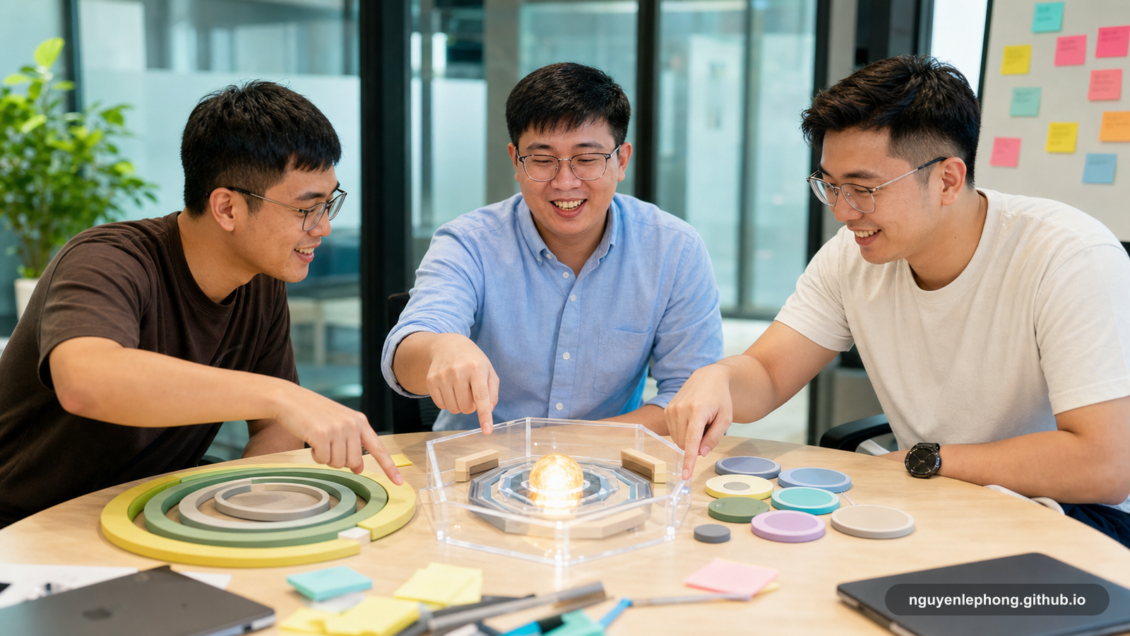 Three engineers compare physical architecture shapes around a table while debating how a codebase should be grouped.