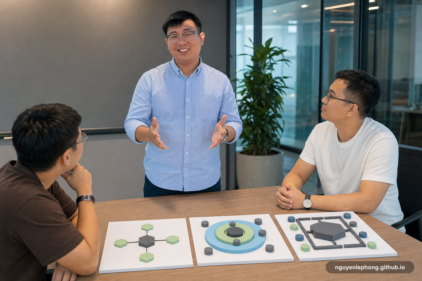 Three engineers review architecture boards together while deciding which structure fits the team they are becoming.