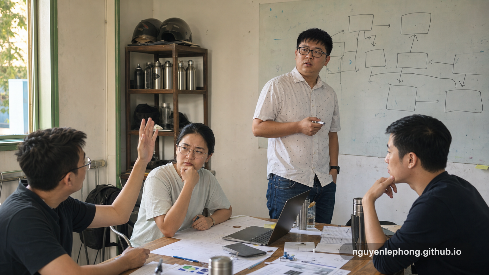 A Vietnamese engineering lead pauses in a modest kickoff room while a teammate raises a practical question and the rest of the table weighs the answer.