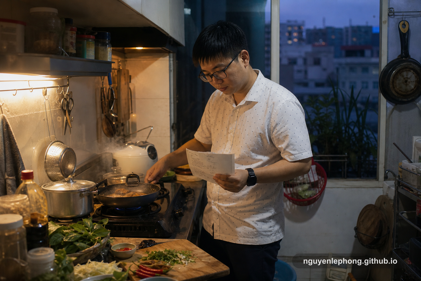 The same Vietnamese engineering lead cooks in a small apartment kitchen while comparing a handwritten menu plan against what the stove can actually handle.