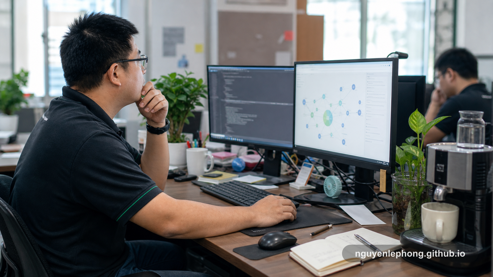 Một software engineer ngồi trước chẩn đoán do AI gợi ý và màn hình code thật, chậm lại một nhịp trước khi tin vào câu trả lời.