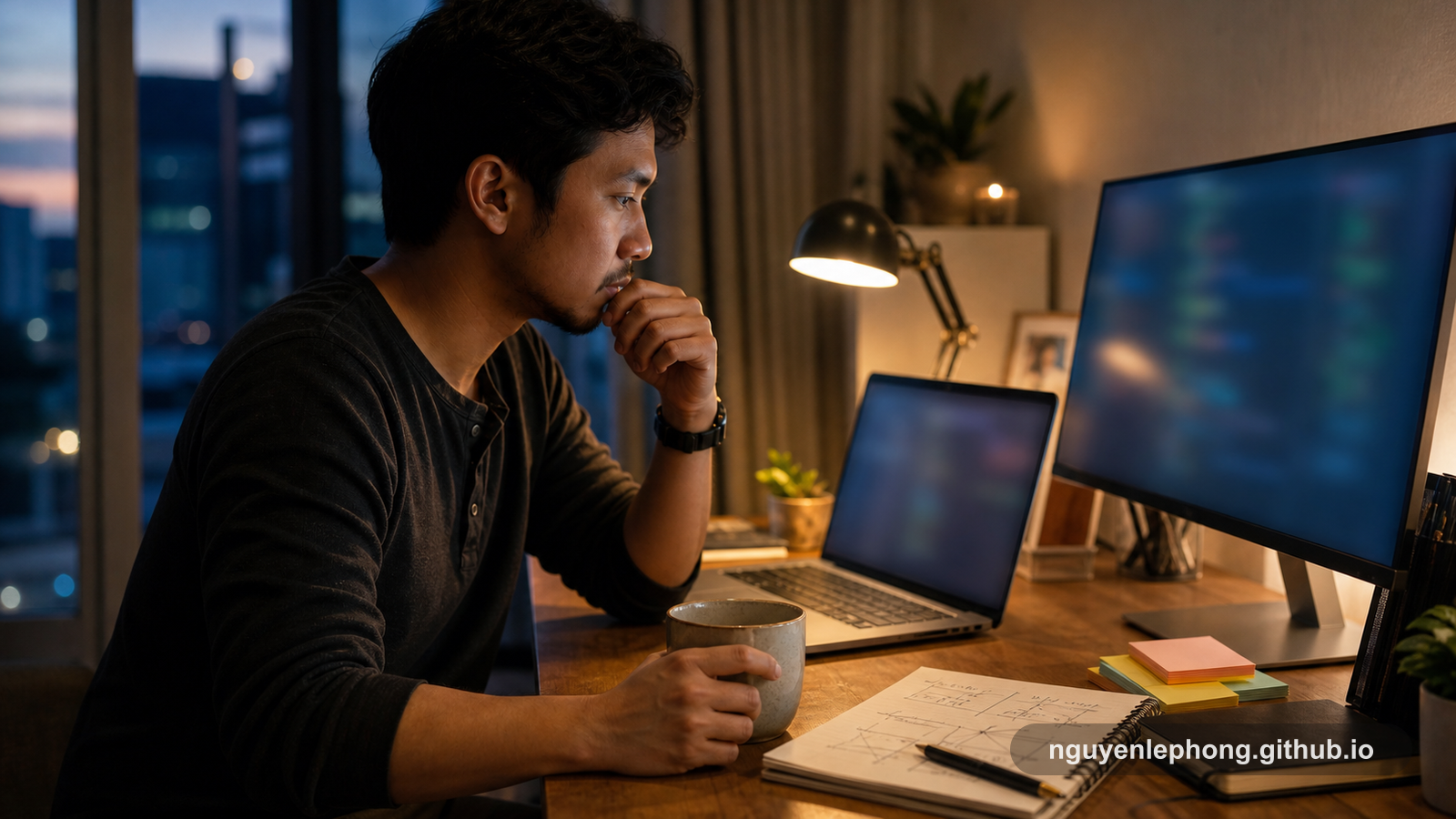 Một engineer ngồi suy nghĩ trước hai màn hình đã được làm mờ, bên cạnh ly cà phê tối muộn và cuốn sổ tay sau nhiều lần polish một change.