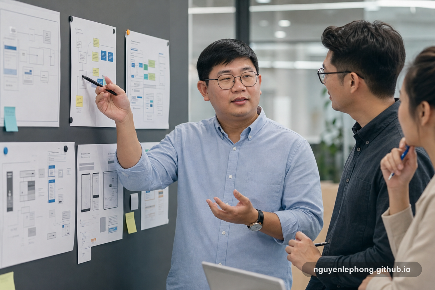 Phong đang đi qua một handover wall cùng một đồng đội và một người phía client, giải thích cấu trúc bàn giao và bước tiếp theo.