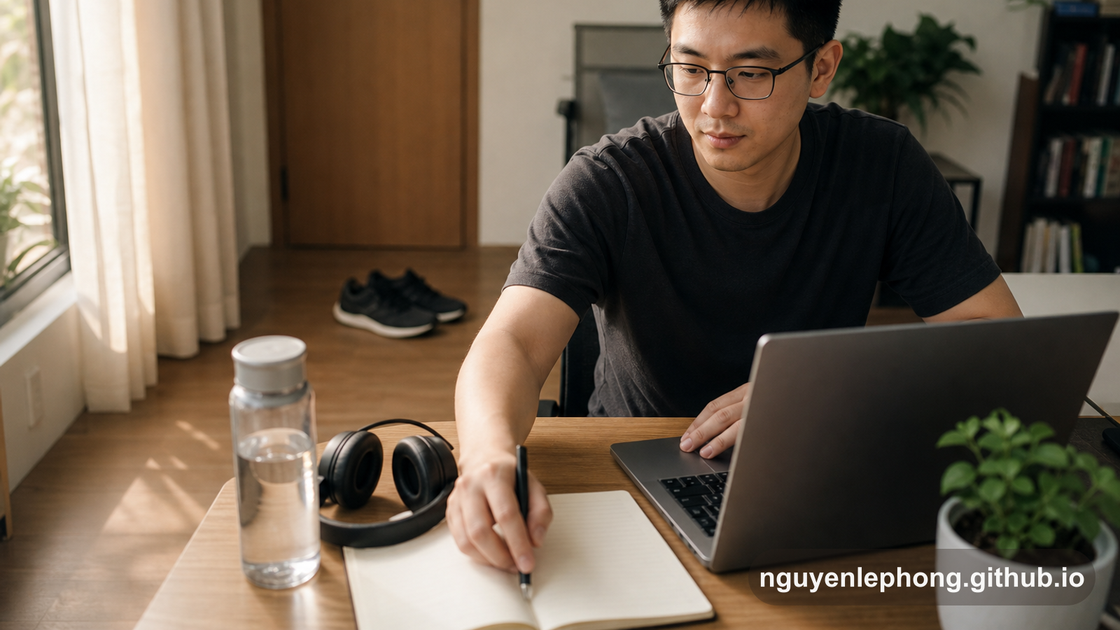 Nguyen Le Phong ngồi ở bàn với bình nước, tai nghe, sổ mở sẵn và laptop đã sẵn sàng, làm bước bắt đầu cho buổi học trở nên nhẹ hơn.