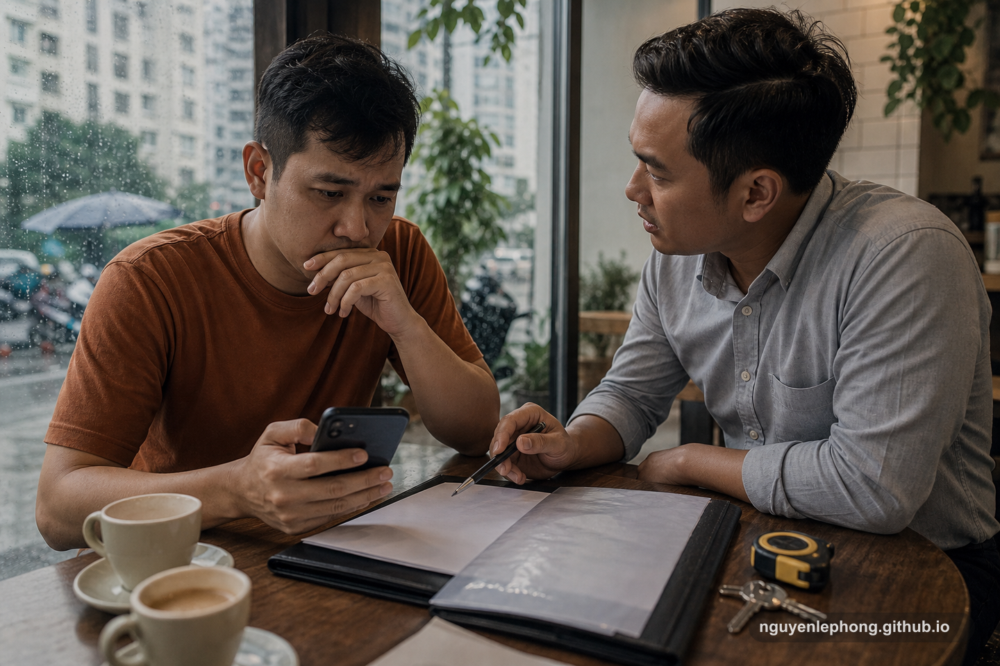 A cautious buyer pauses with a phone at a rainy cafe while a broker waits beside property papers and keys.