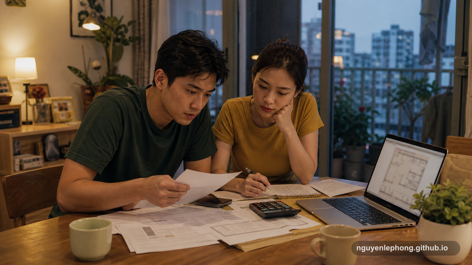 A Vietnamese couple reviews home loan paperwork, budget notes, and an apartment floor plan before committing to a purchase.