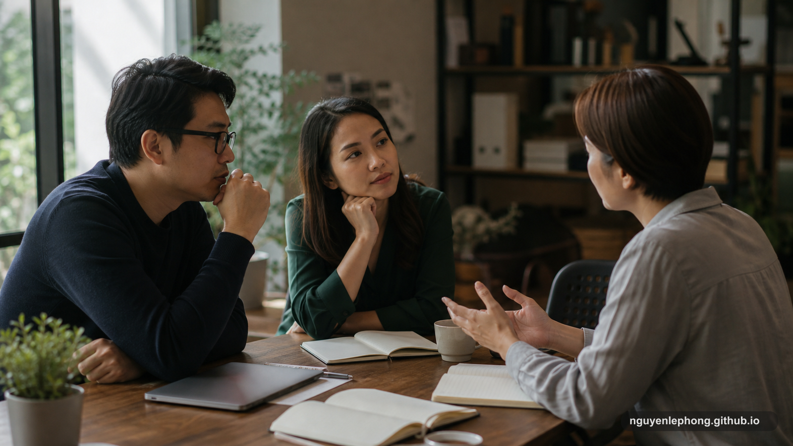 Two colleagues pause during a difficult office conversation while another person listens carefully before responding.