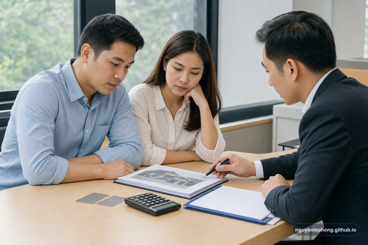 A Vietnamese couple reviews mortgage paperwork and likely banking fees with an advisor at a simple office table before committing to a loan.