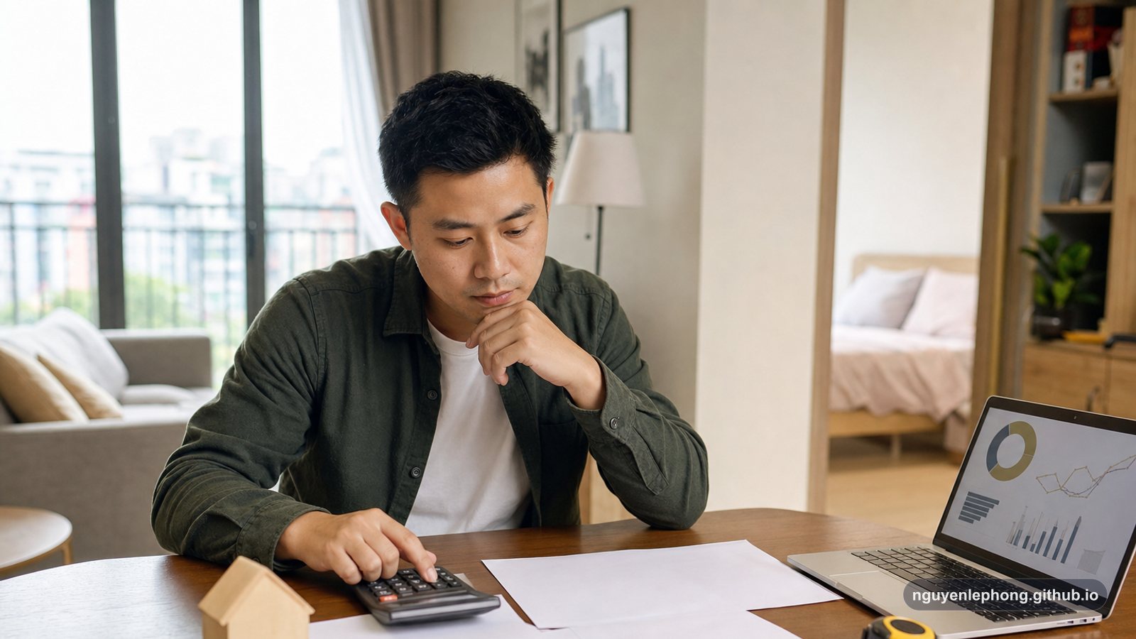 A Vietnamese homebuyer reviews the full budget at a dining table with a calculator, blank documents, keys, and a tape measure before deciding how much the home will really cost.