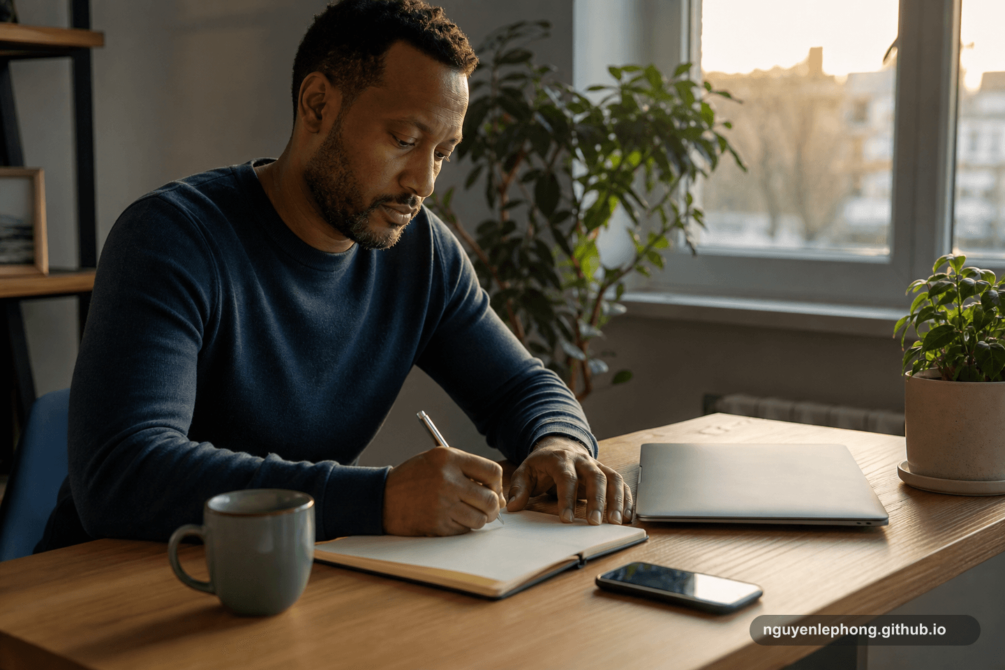 A person writes a calm next step in a plain notebook beside a closed laptop and phone after a difficult work moment.