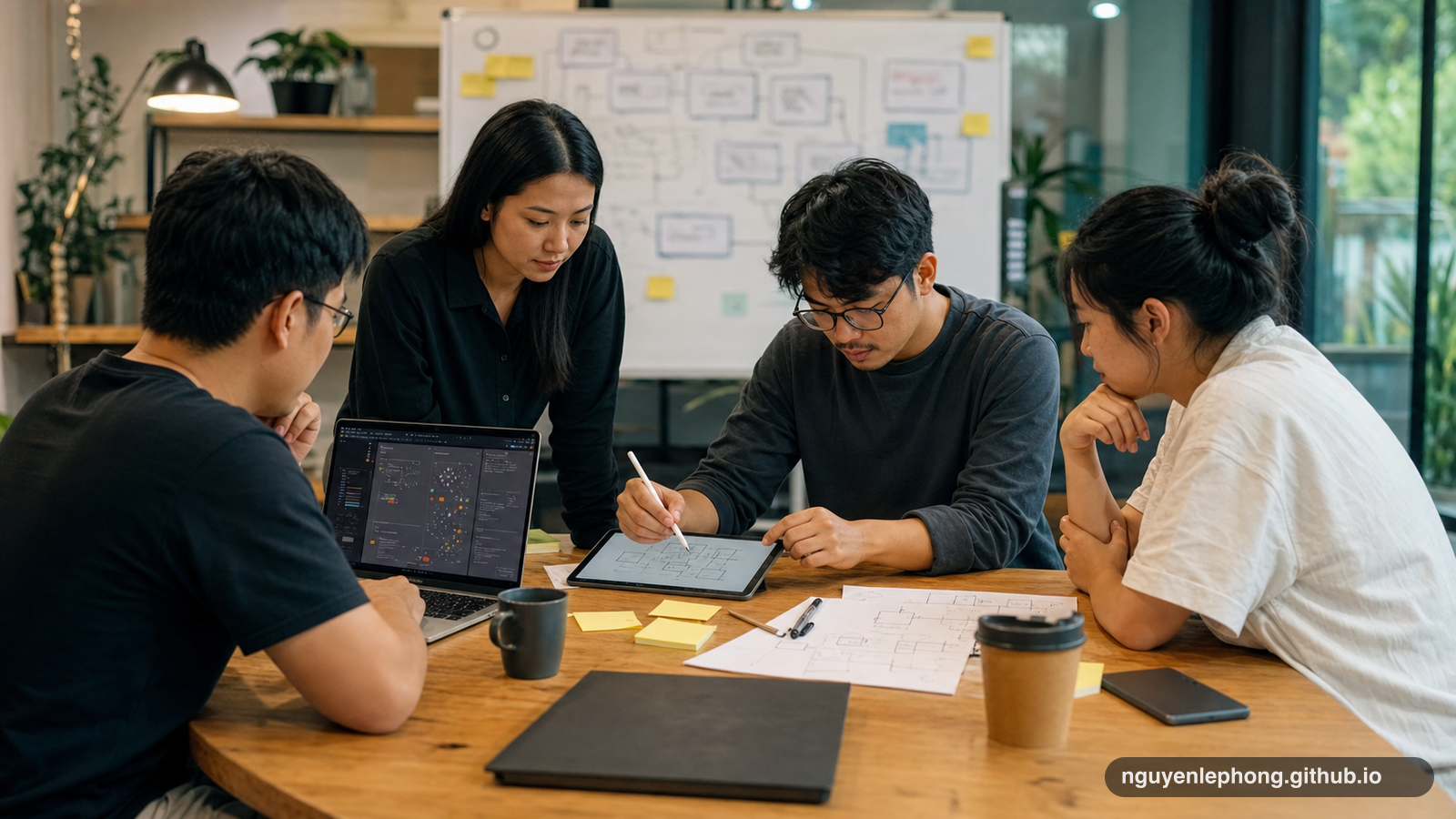 A small engineering team reviews an abstract system map, dashboards, and notes around a calm office planning table.