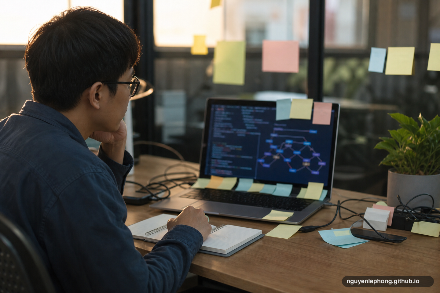 An engineer studies a blurred codebase and dependency sketch at a desk covered with blank sticky notes and tangled cables.
