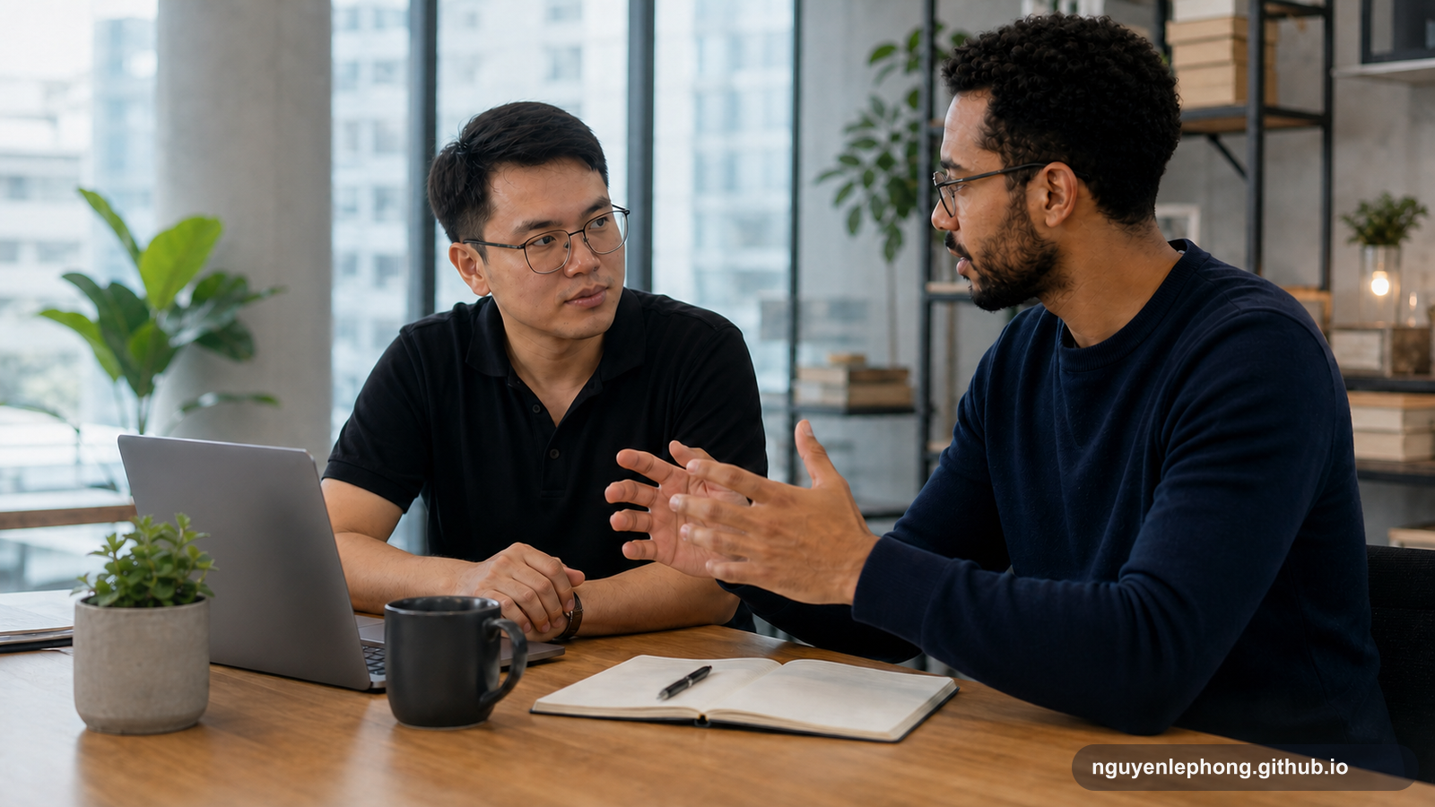 A Vietnamese professional listens carefully to a colleague across a worktable, holding eye contact while the other person explains a concern.