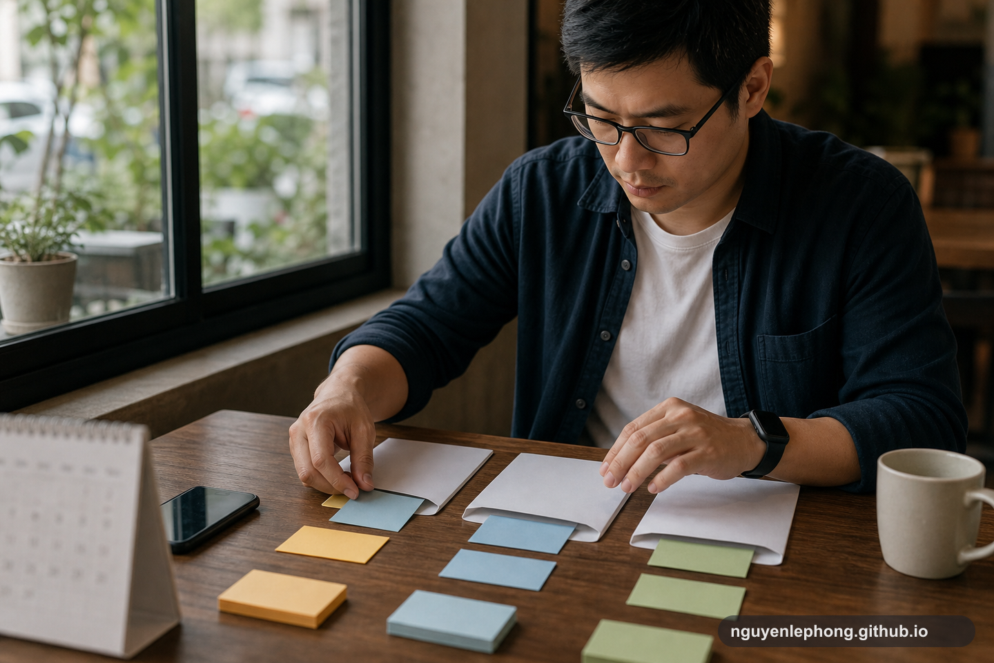 A focused professional sorts notes into short-, medium-, and long-term buckets at a desk near a window.