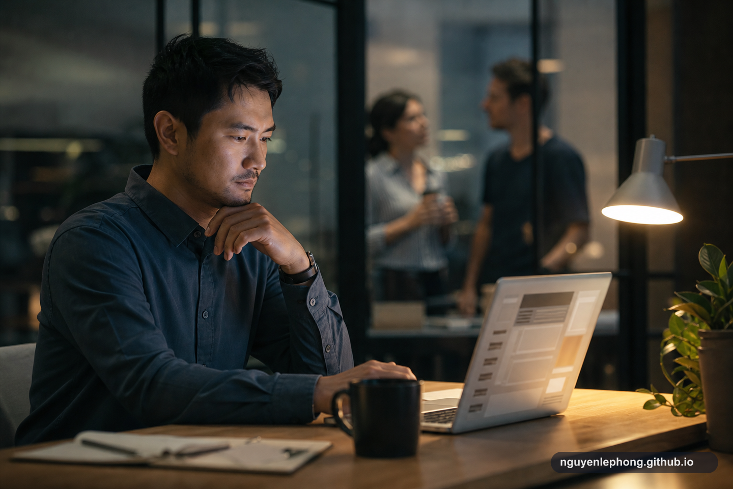 A focused professional reviews work on a laptop while two blurred colleagues speak quietly in the background.