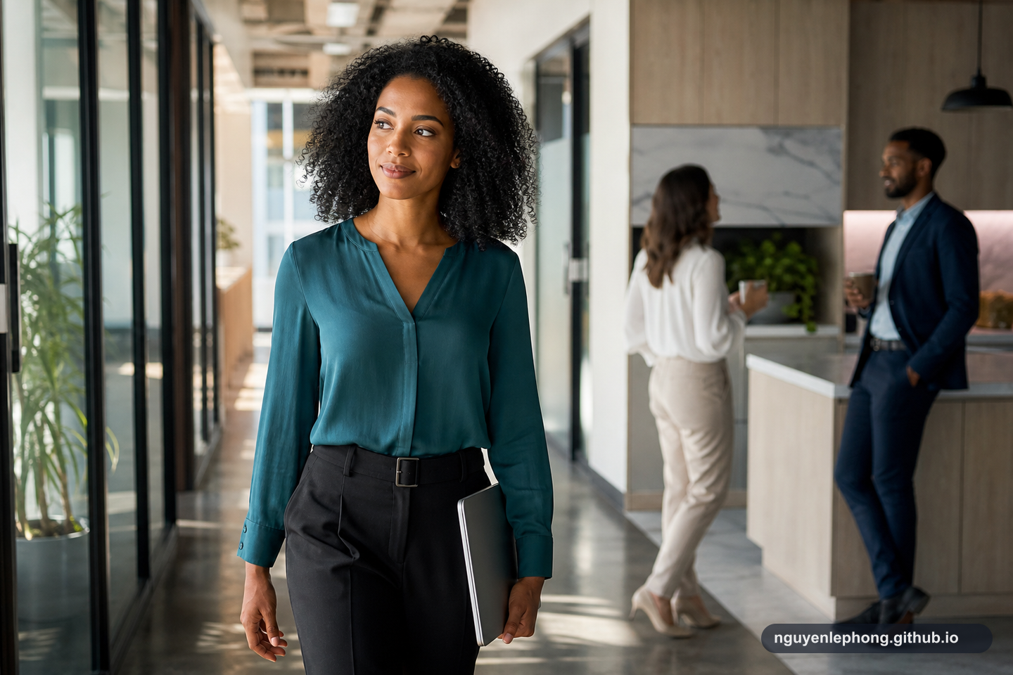 A composed professional walks through an office corridor while a blurred hallway conversation continues behind them.