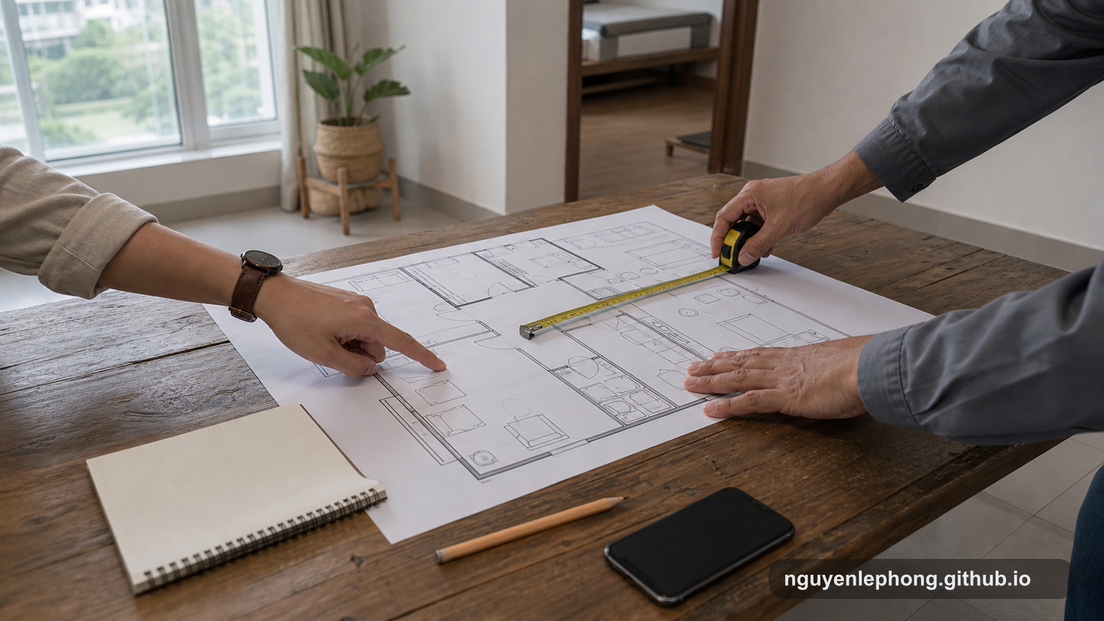 Hands compare a blank house floor plan with a measuring tape on a wooden table inside an apartment.
