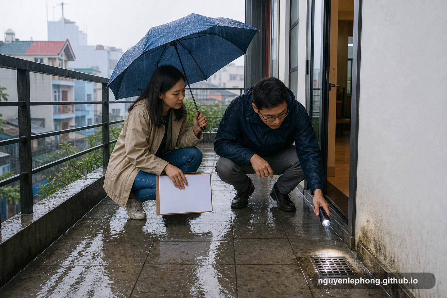 Two people check balcony drainage and damp wall marks during rain before buying a home.
