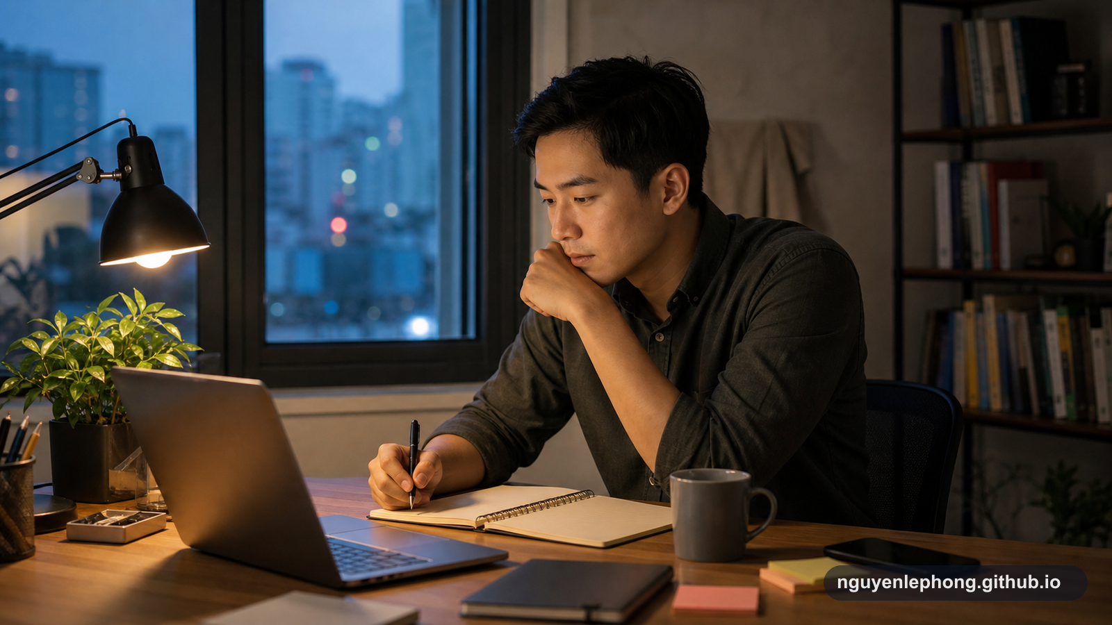 A Vietnamese professional sits at an evening desk with a laptop, blank notebook, coffee, and phone face down, preparing to start a difficult project.