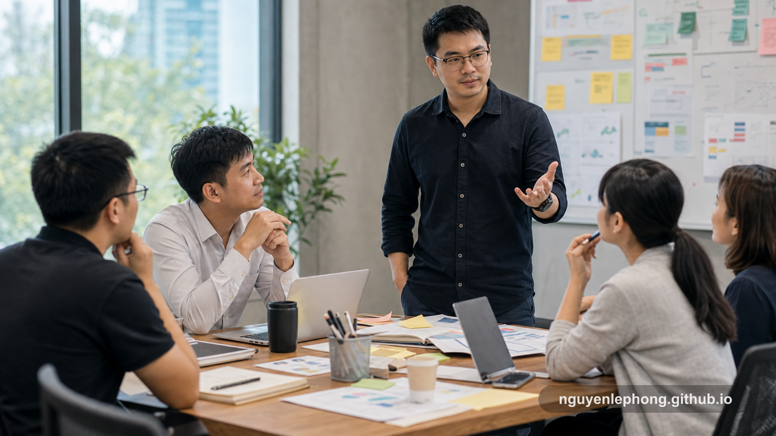 A calm Vietnamese team lead stands in a roadmap meeting, drawing a mixed-function group back toward the shared direction instead of competing for the loudest voice.