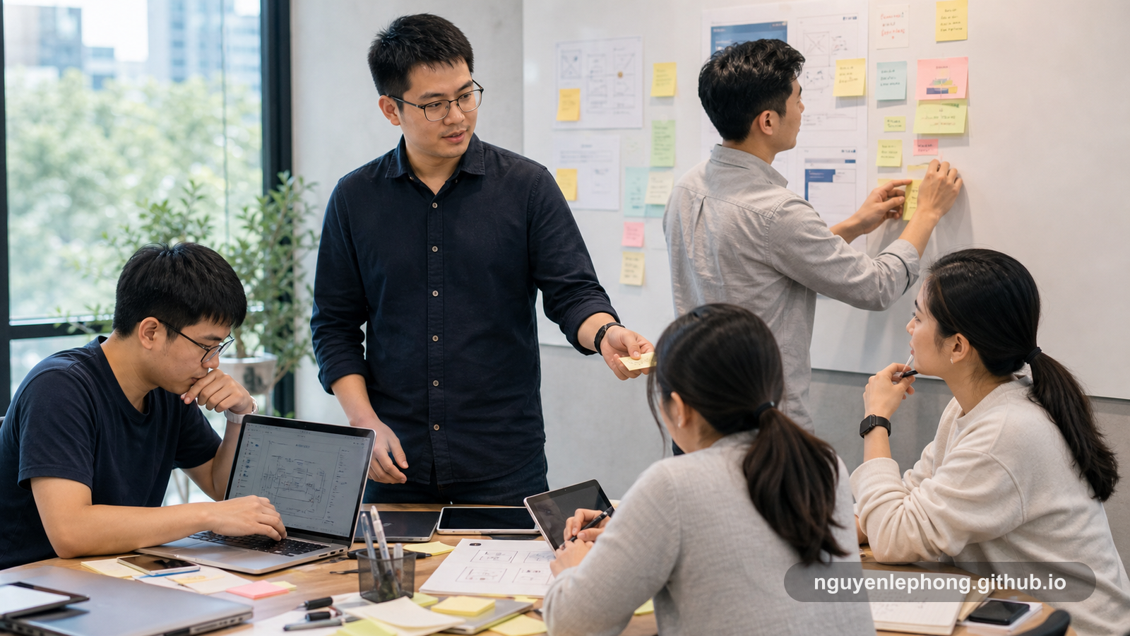 A Vietnamese team lead works with teammates around a planning wall, matching tasks to the people best suited to carry them.