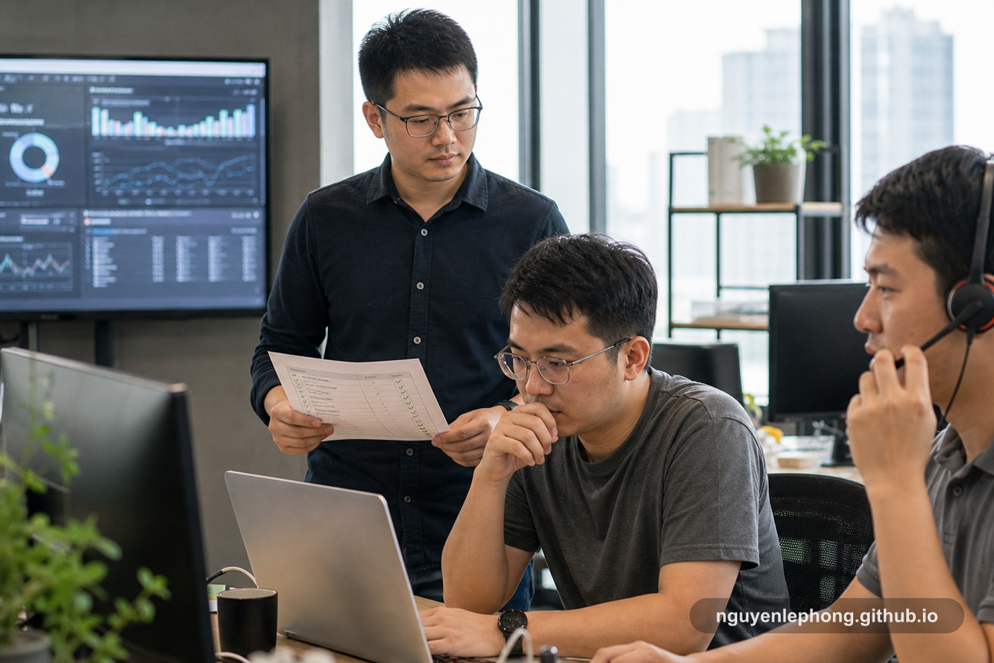A manager quietly checks incident status beside a focused engineer while another teammate handles communication, giving support without hovering.