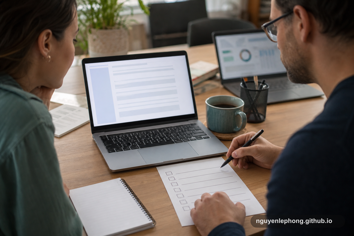Two colleagues review an AI-assisted draft together before letting it move through the workflow.