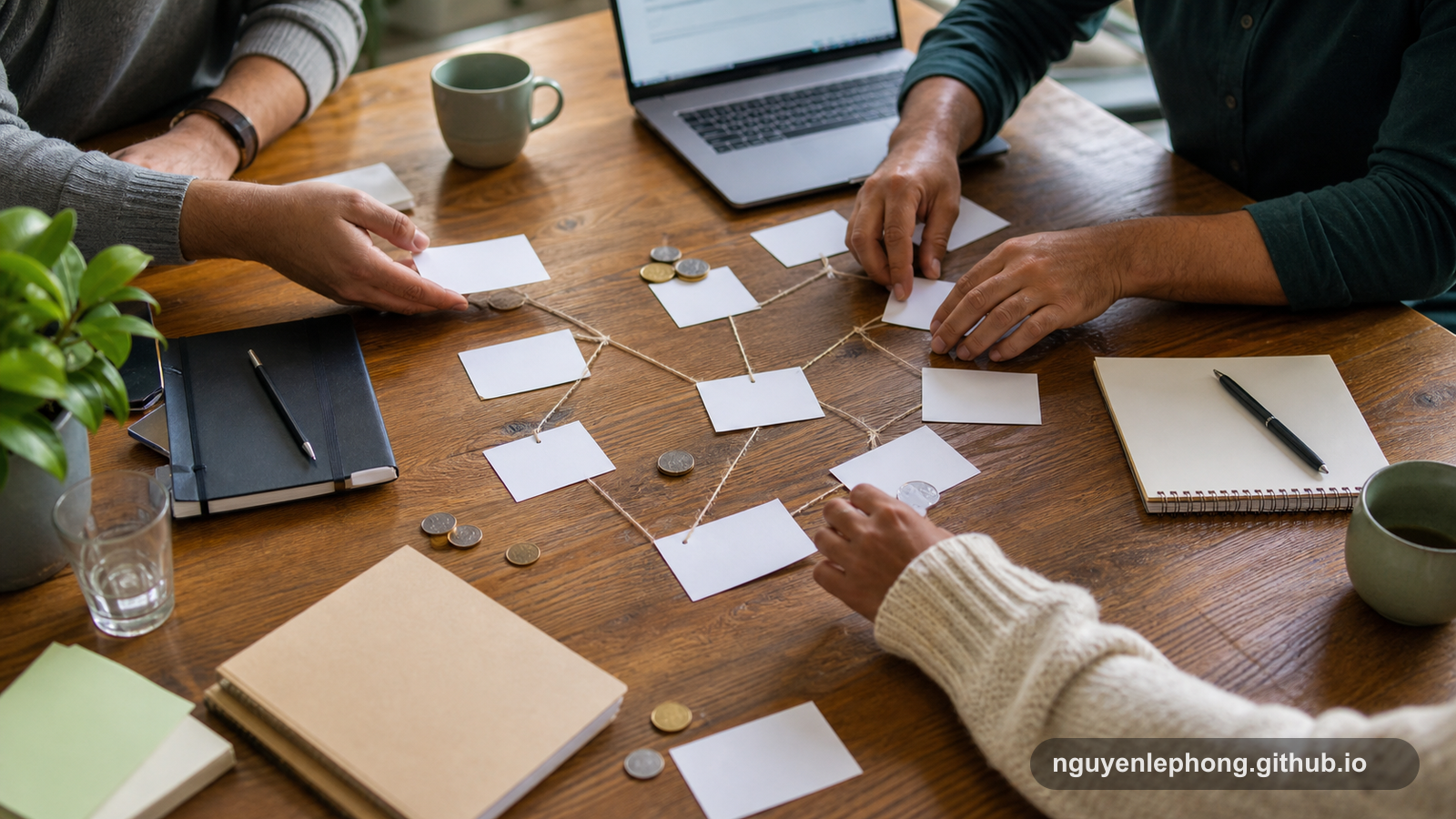 A team maps the ripple effects of a decision across blank cards, tools, and notes on a worktable.