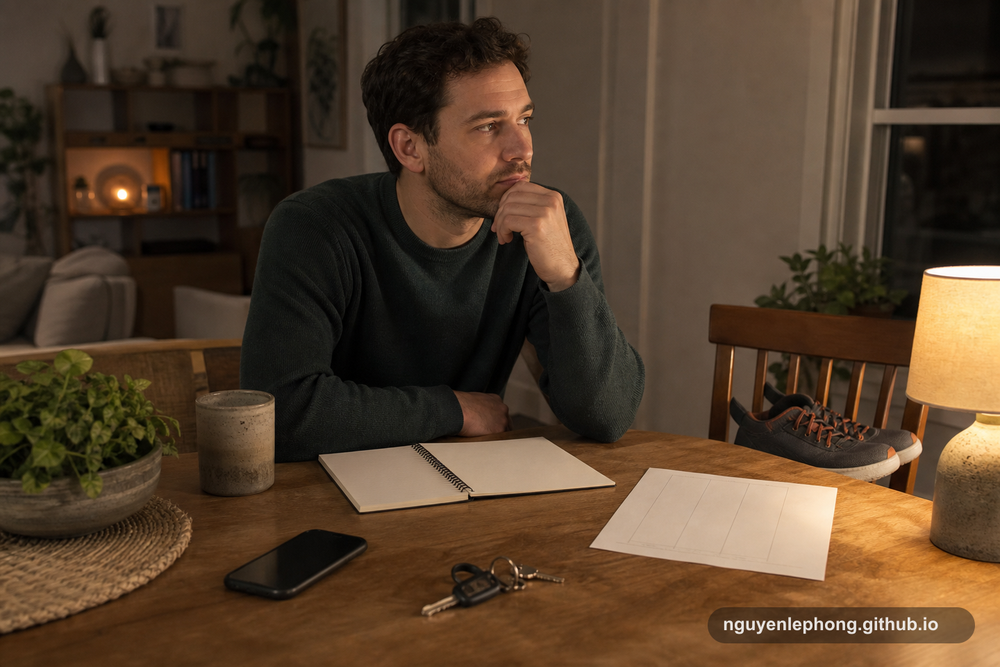 A person pauses at a home table with everyday objects before committing to a new decision.