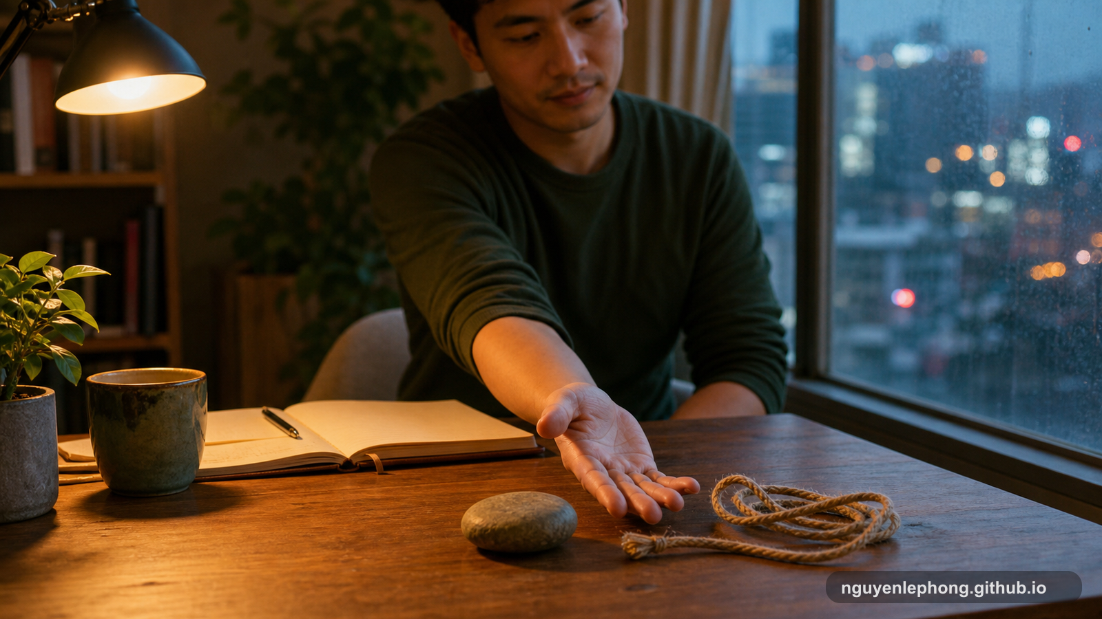 A Vietnamese adult sits at a wooden desk with an open hand beside a loose rope and a smooth stone, quietly setting down a private burden.