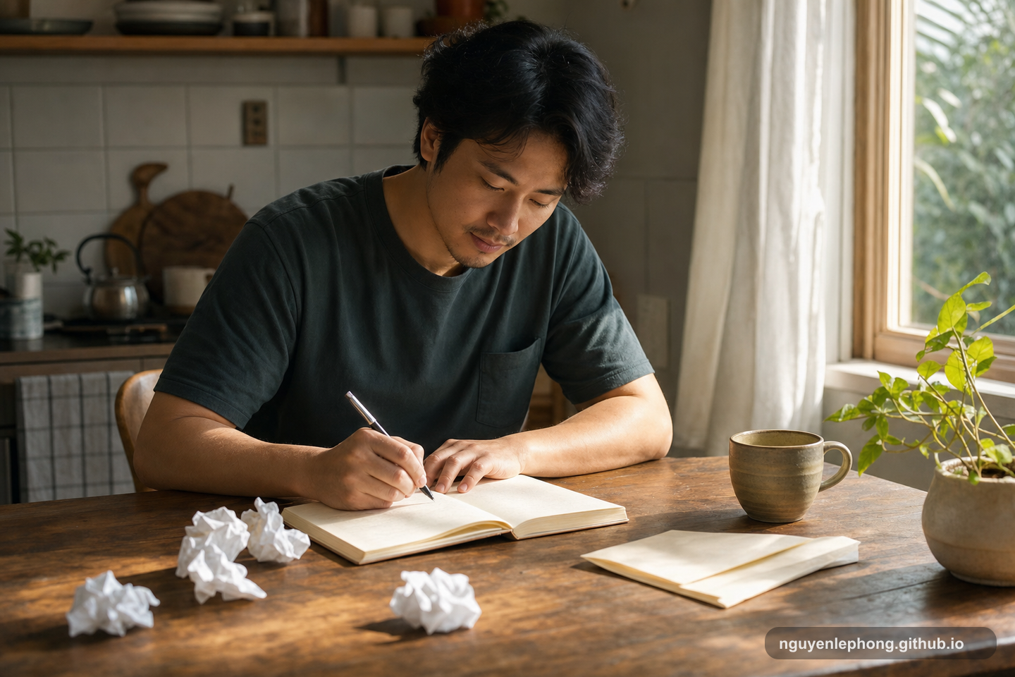 A Vietnamese adult writes quietly in a plain journal at a kitchen table, with blank crumpled drafts and an unsent letter nearby.