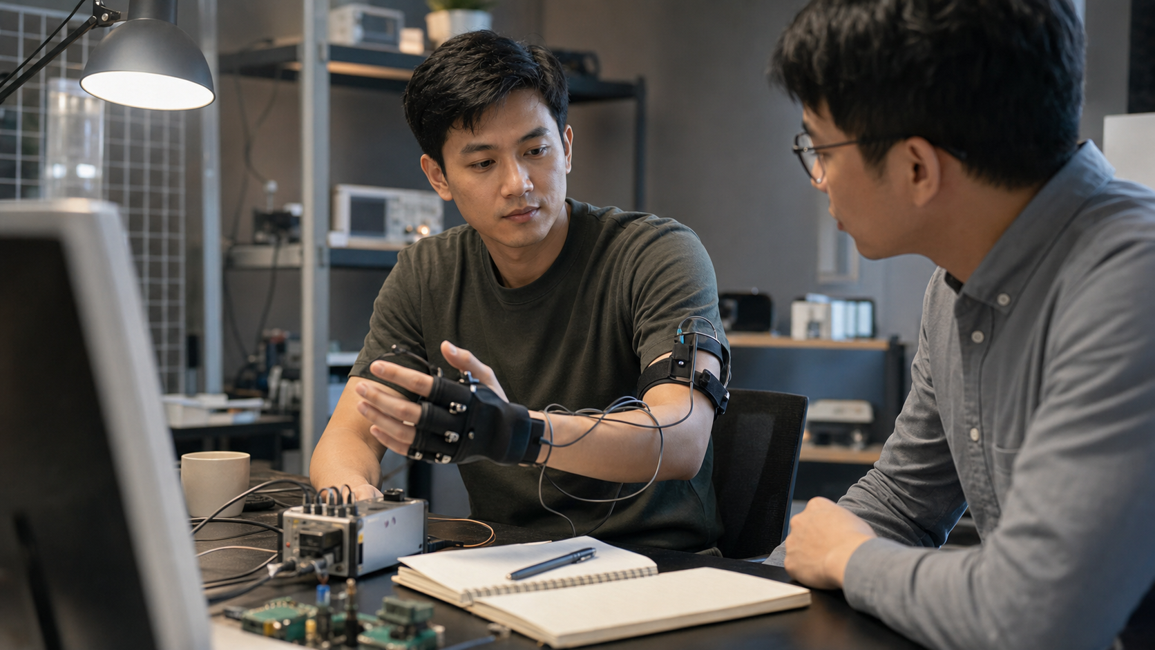 Nguyen Le Phong thử một nguyên mẫu giao diện xúc giác nhỏ cùng một đồng nghiệp trong góc làm việc kiểu lab, như đang học một tín hiệu mới qua feedback.