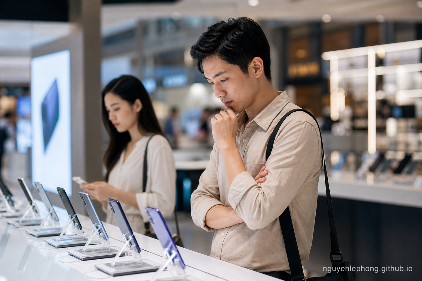 Một người trẻ Việt Nam dừng lại trước quầy điện thoại mới, suy nghĩ kỹ trước khi biến một lần nâng cấp thành mức sống mặc định.