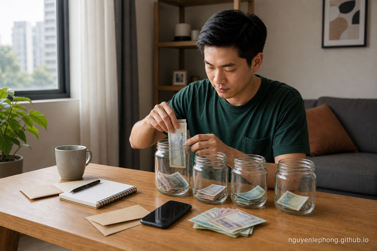 Một người trẻ Việt Nam tách tiền vào các hũ và phong bì trống ngay sau ngày lương về để phần cần giữ không tiếp tục trôi đi.