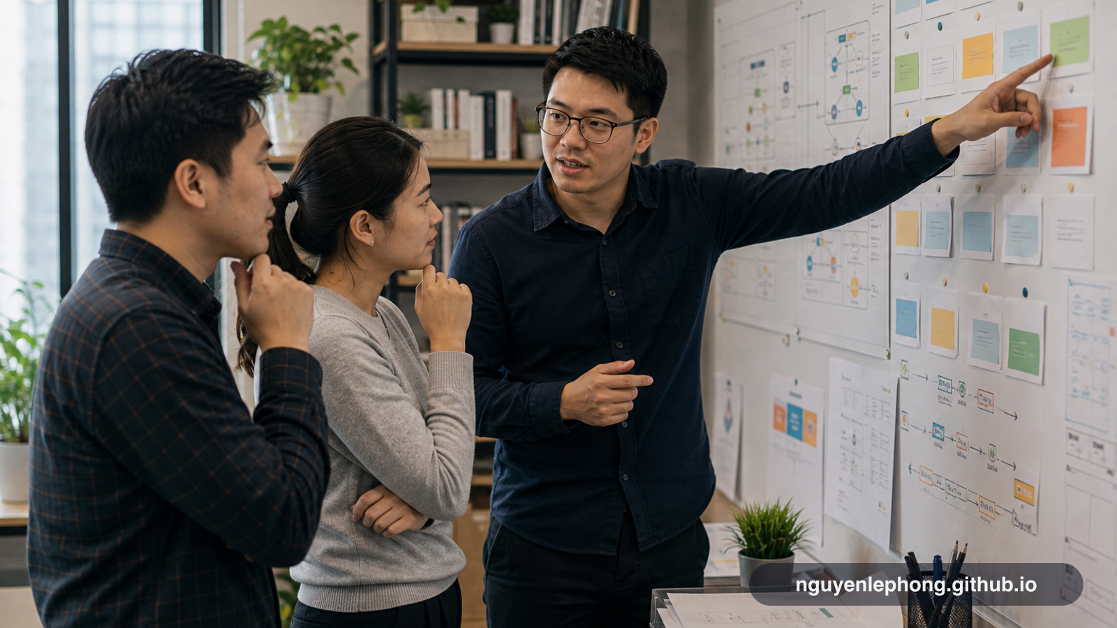 A Vietnamese team reviews role cards and operating diagrams together at a workflow wall as structure begins to carry a growing team.