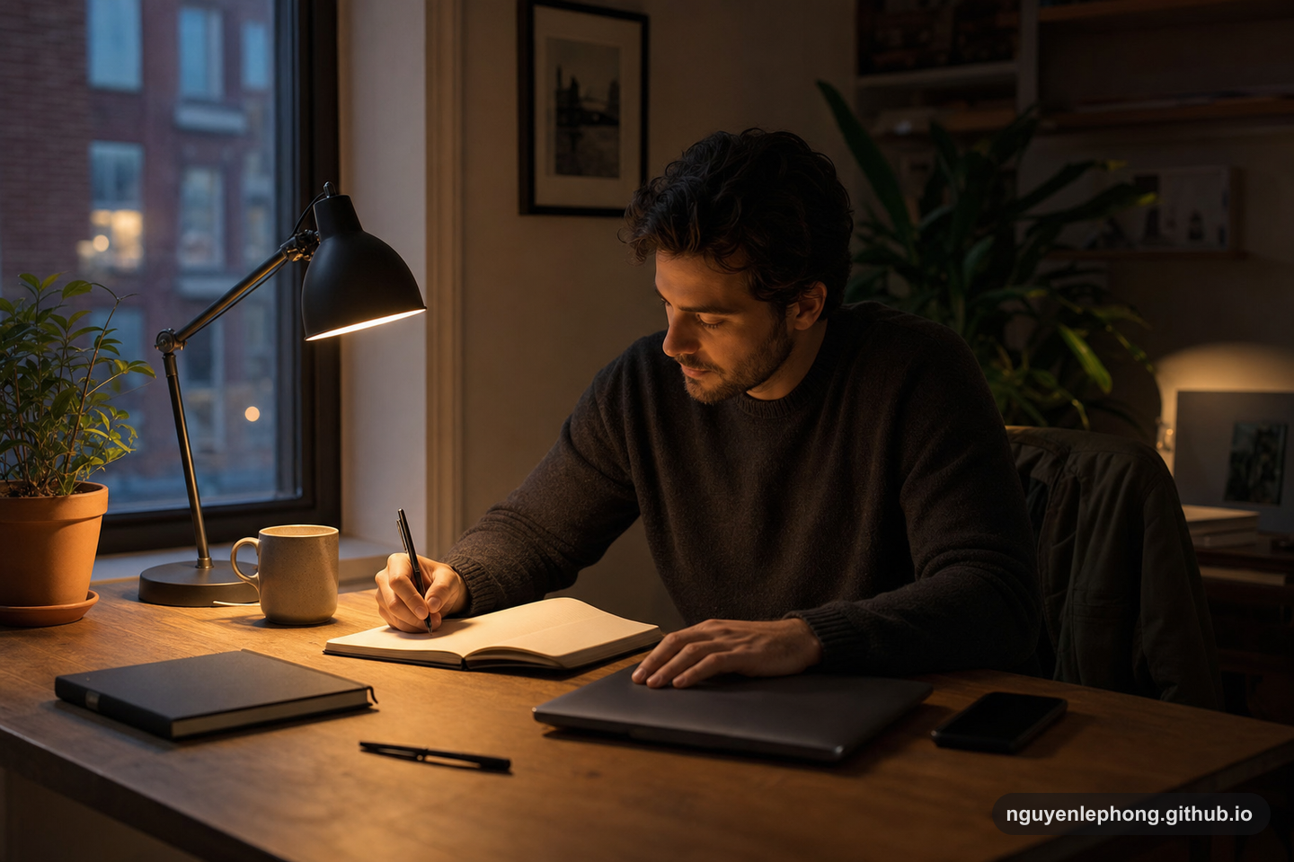 A reflective person sits at a desk balanced between warm lamplight and soft shadow, writing beside a closed laptop.