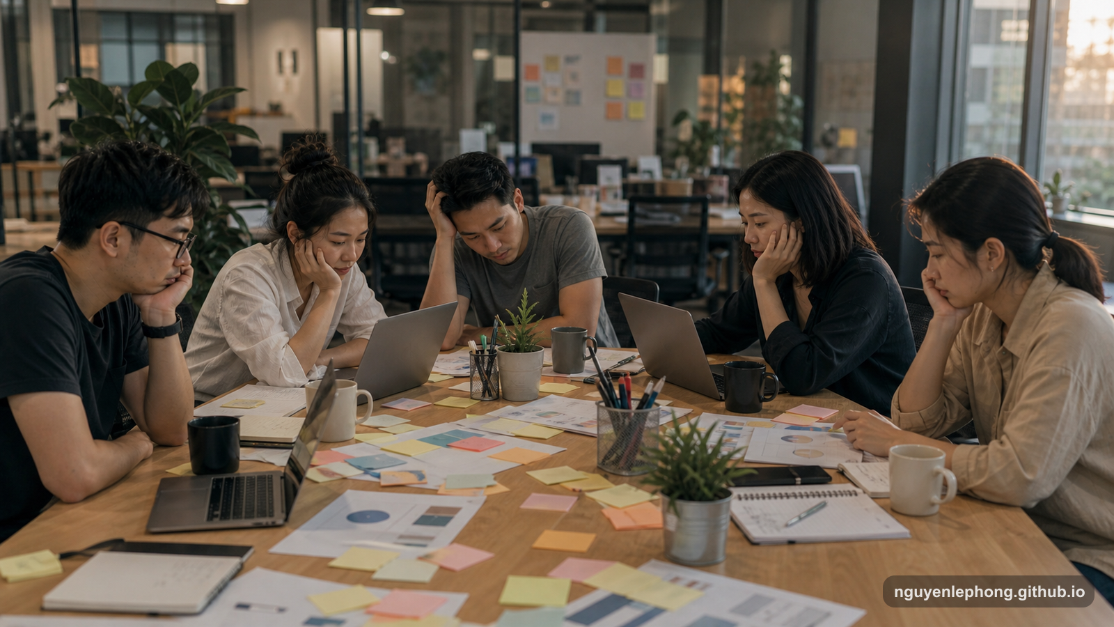 A tired office team sits around a table covered with laptops, sticky notes, and abstract charts after a long workday.