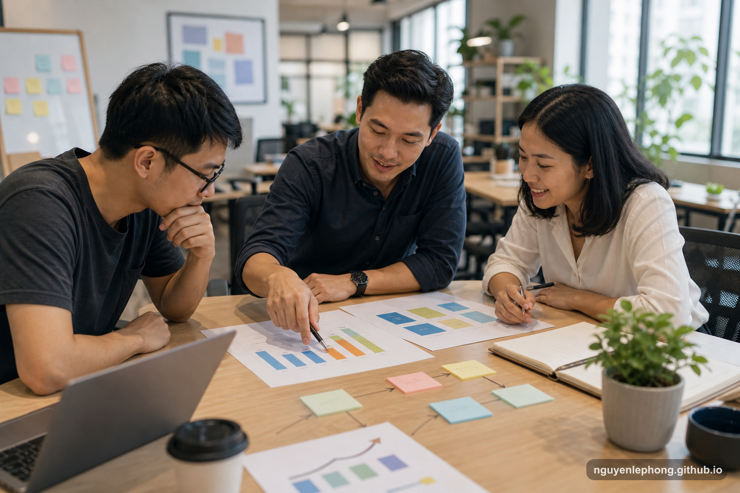 Three colleagues review abstract paper charts and colored notes while connecting daily progress to a larger goal.