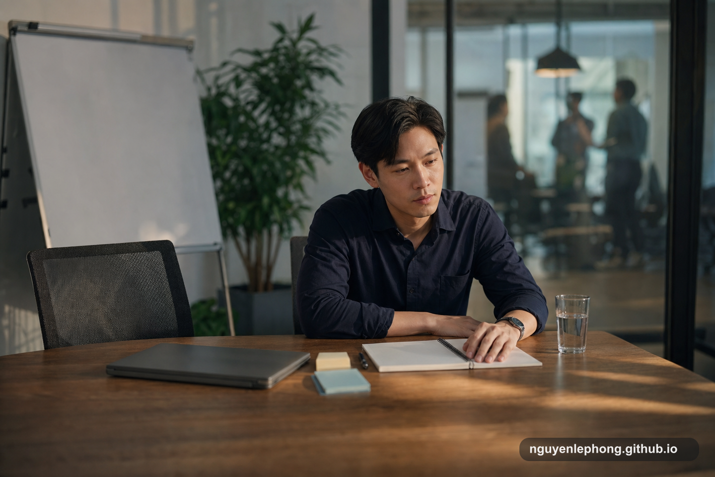A Vietnamese professional sits quietly after a tense office review, with a closed laptop and blank notes on the table.