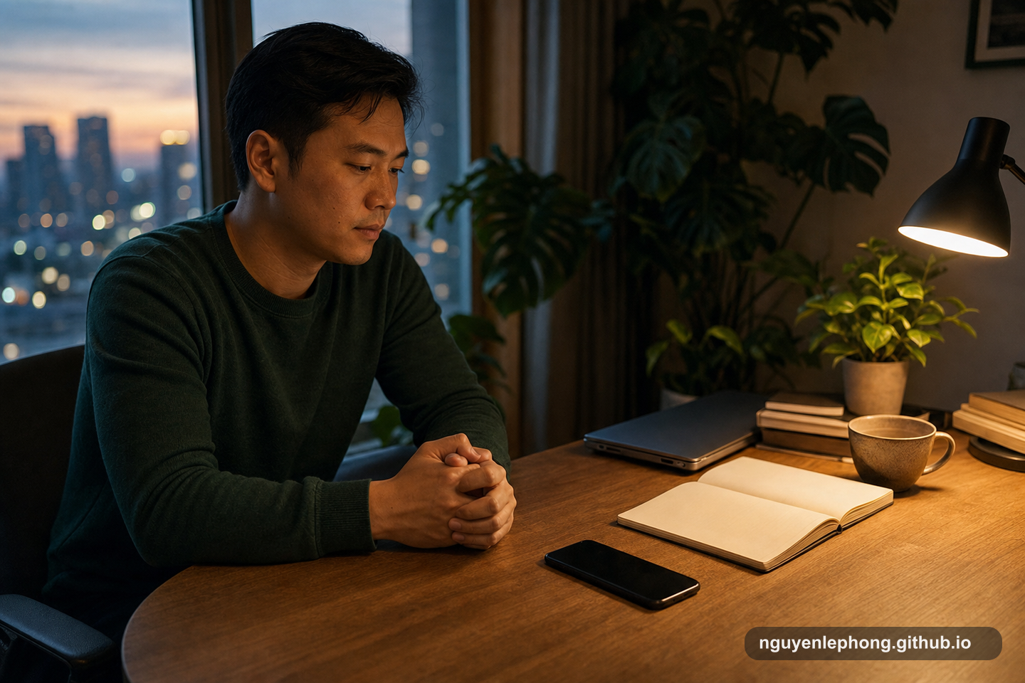 A Vietnamese professional pauses at an evening desk with a phone face down beside an open notebook before replying.