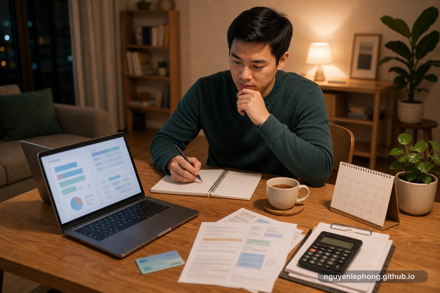 A Vietnamese professional plans next steps during a job gap at home with a laptop, calendar, calculator, and benefit documents.