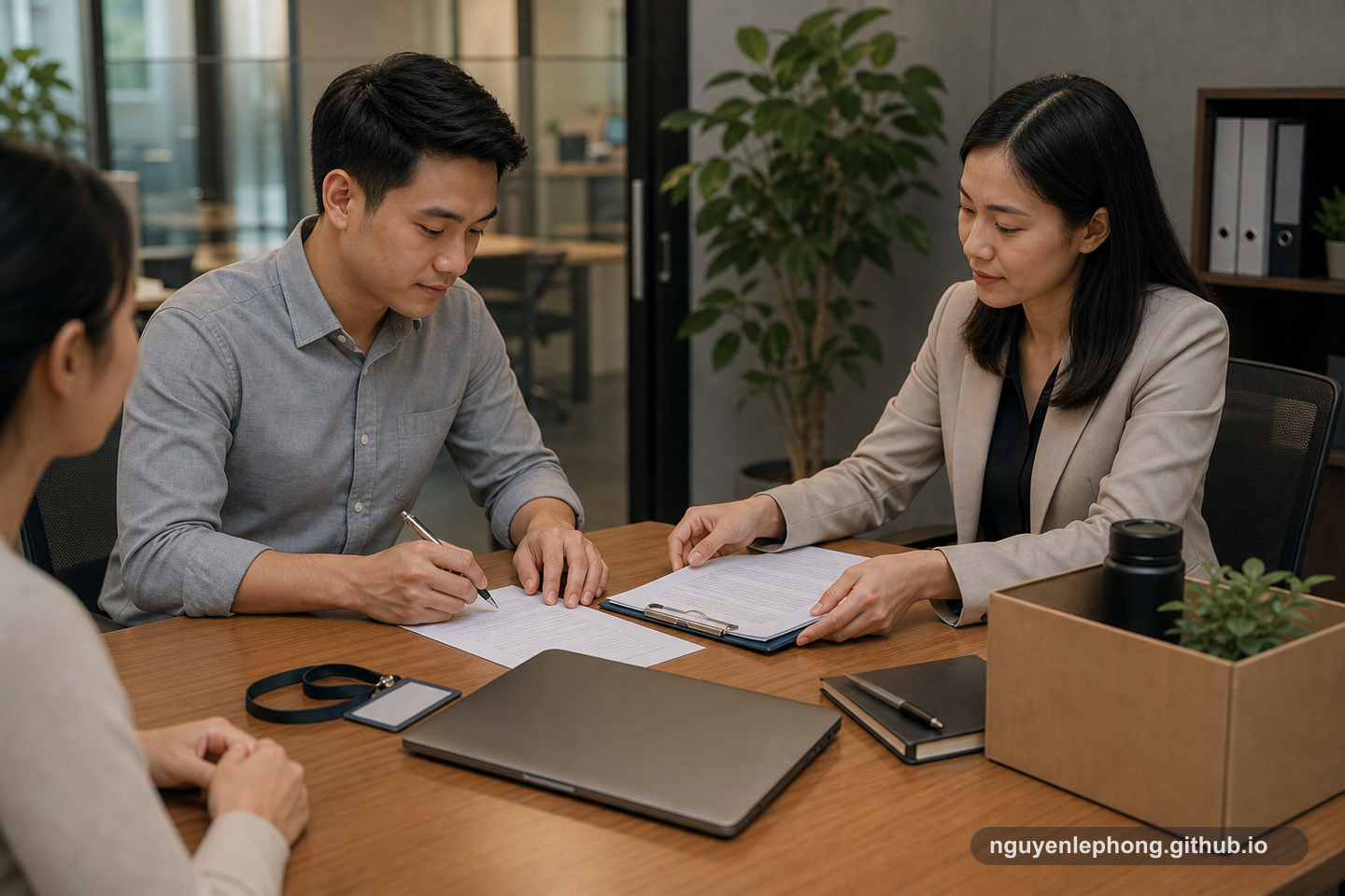 A Vietnamese employee reviews exit paperwork with HR while returned office equipment sits on the meeting table.