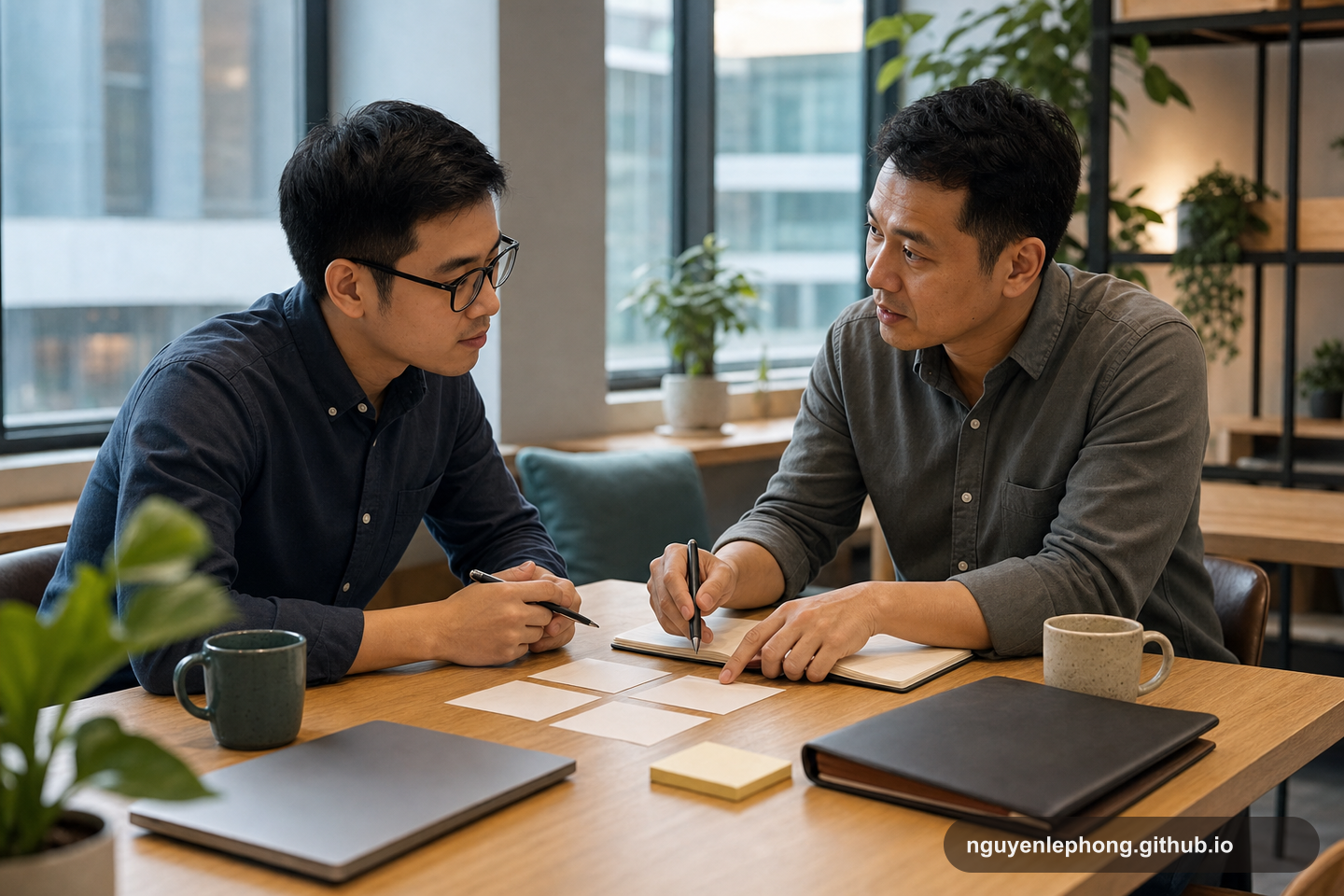 Nguyen Le Phong has a calm career conversation with a mentor over blank notes, a laptop, and simple evidence cards.
