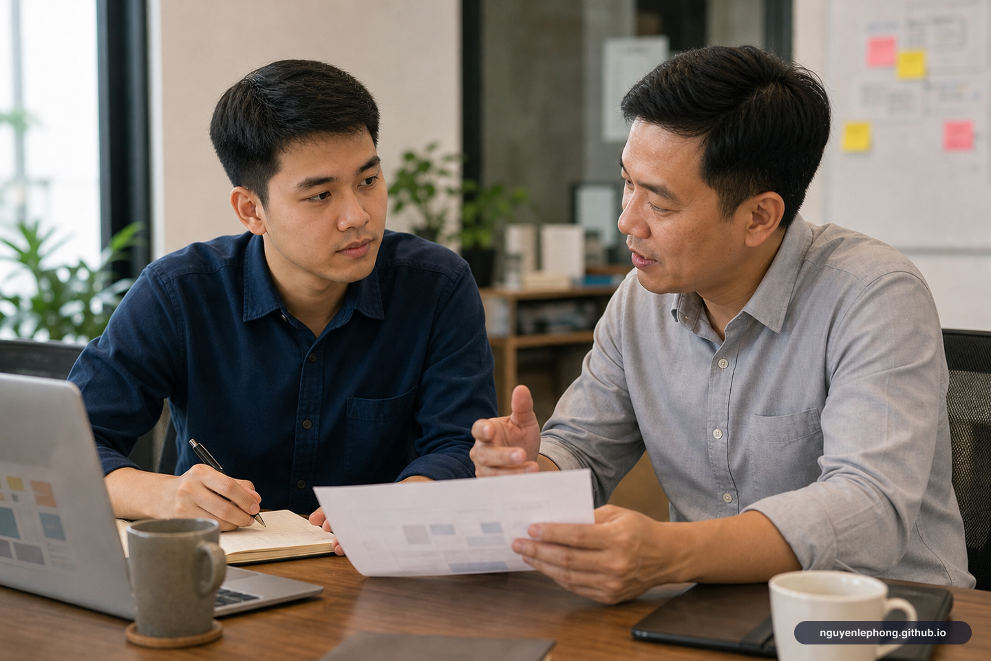 Một nhân sự trẻ cùng xem lại kế hoạch với người đi trước, lắng nghe kỹ để gây dựng niềm tin bằng sự cẩn thận hơn là lời khẳng định lớn.