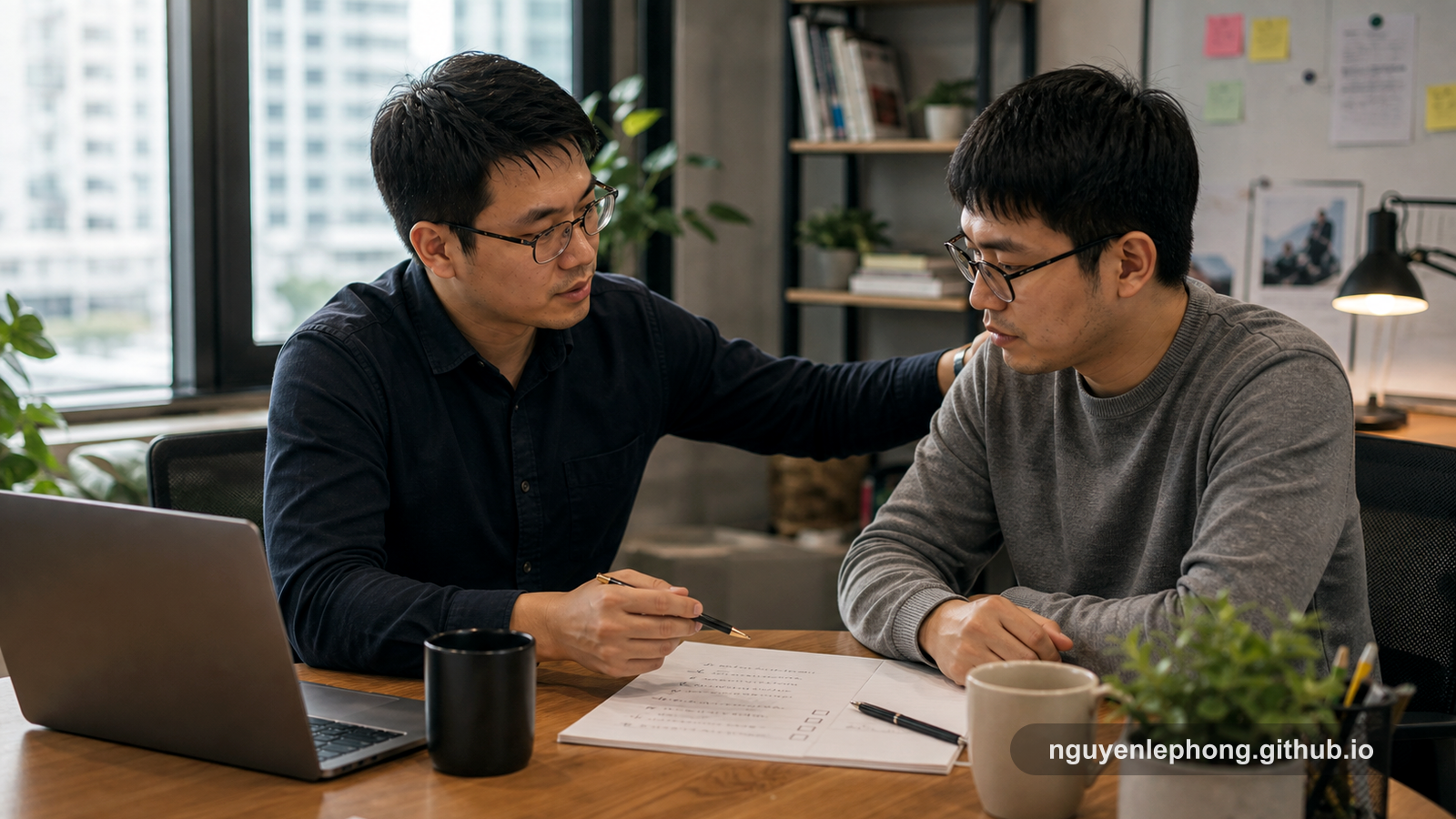 A manager and teammate sit face to face with a checklist on the table, balancing care with clear standards.