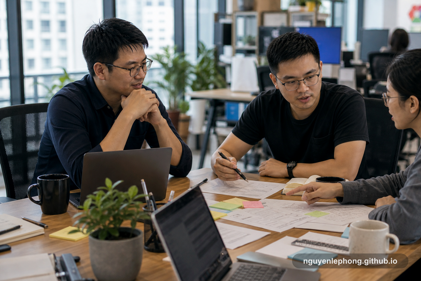 A team lead invites stronger voices into a planning conversation with a staff engineer and QA colleague.