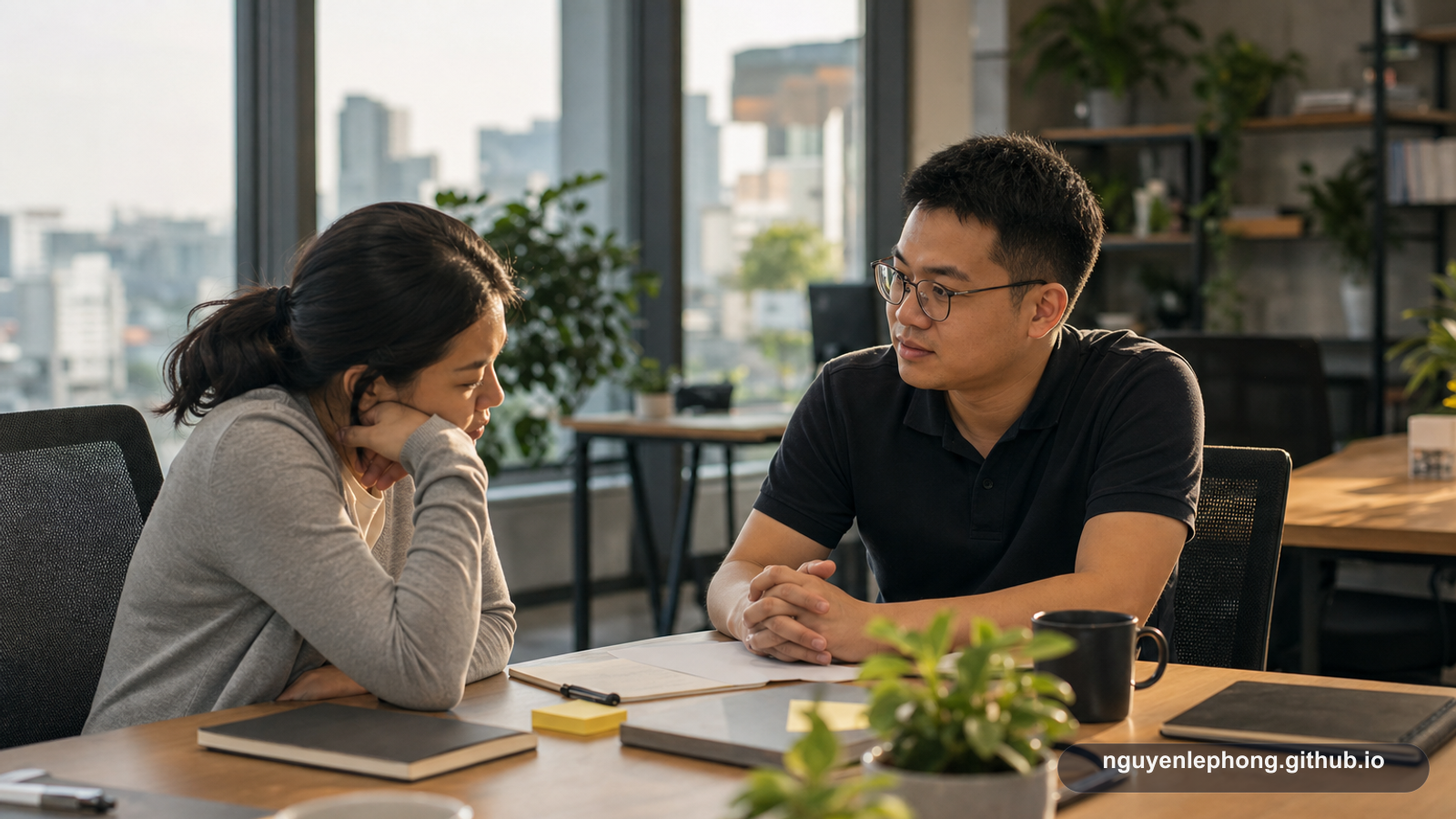 A calm manager stays behind after a meeting to speak privately with a teammate about how work is going.