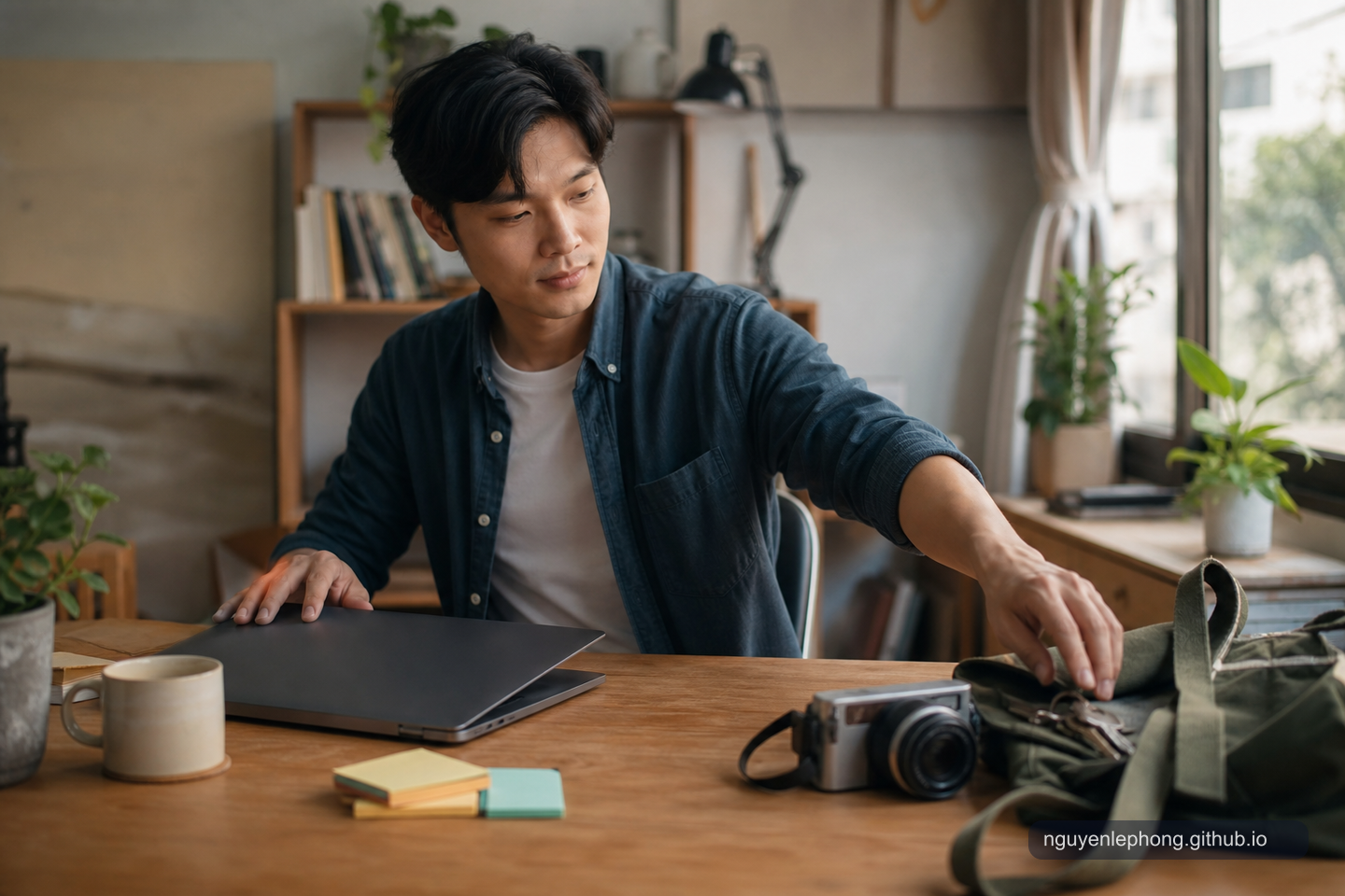 A Vietnamese professional closes a laptop and reaches toward a small bag with a camera and keys on a home-office desk.